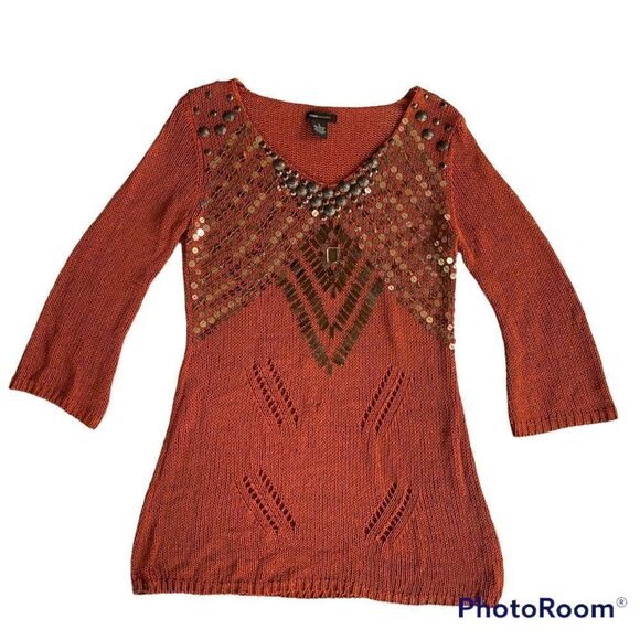 BCBGMaxazria embellished loose knit 3/4 sleeve tunic rustic burnt orange Large - Picture 1 of 10